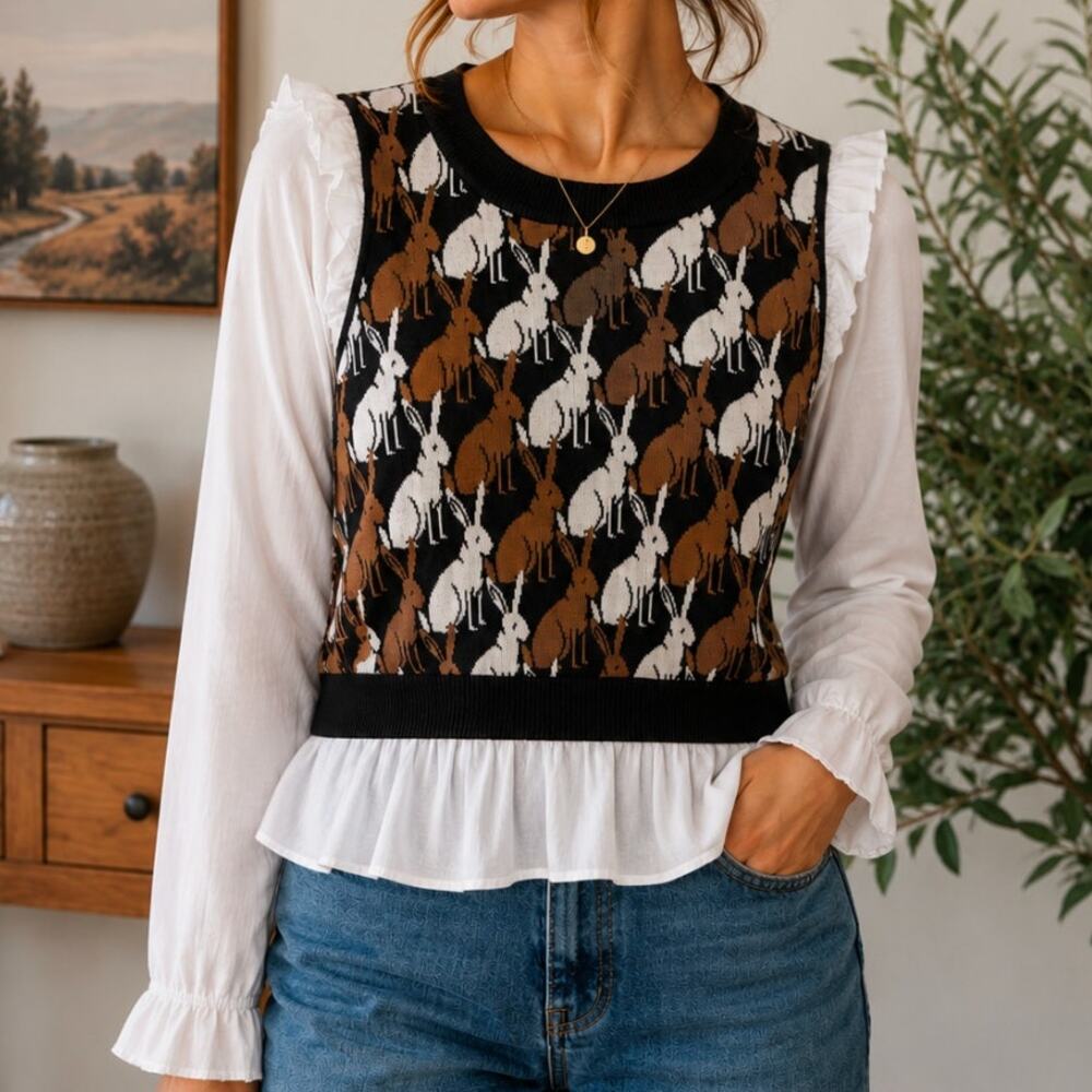 Maeve Anthropologie Rabbit Bunny Layered Sweater Blouse S Ruffle Cottagecore